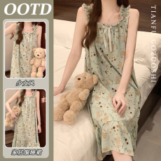 带胸垫可爱睡裙夏季女款2024新款纯棉短袖宽松长款睡衣夏天