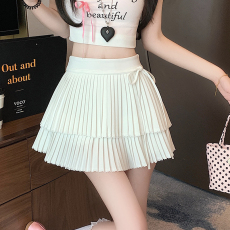 批发实拍双层蛋糕百褶半身裙女夏季高腰白色短裙a字荷叶边蓬蓬伞裙