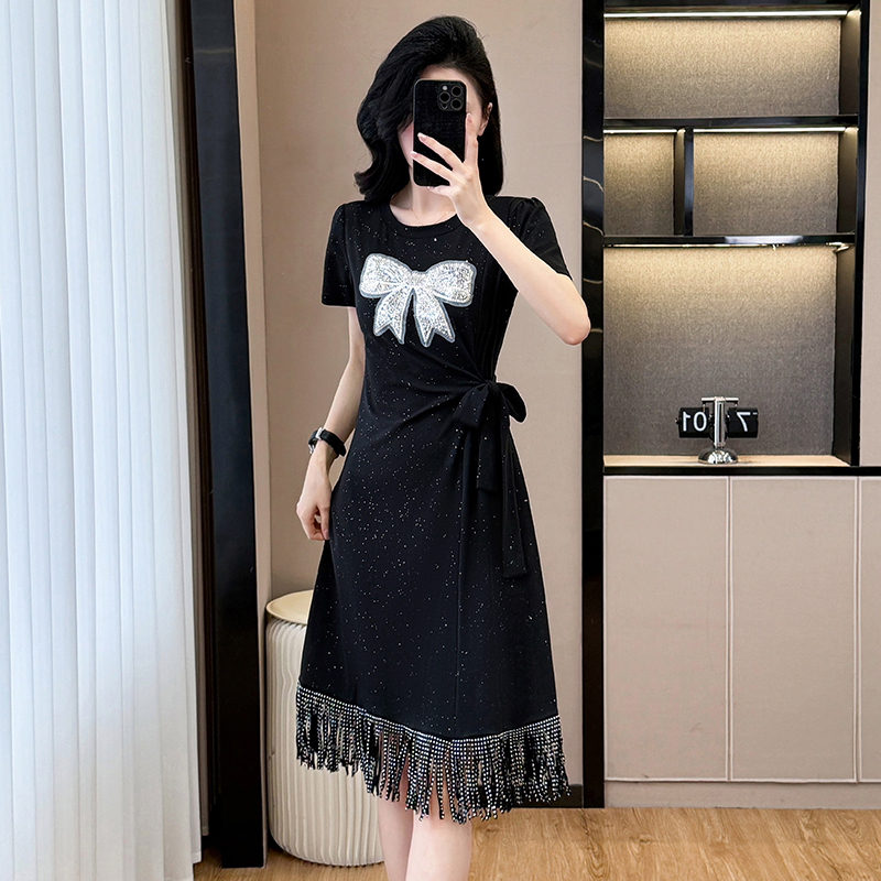 MY6498# 大码女装新款潮流蝴蝶结收腰显瘦流苏下摆短袖连衣裙女裝貨源服裝批發