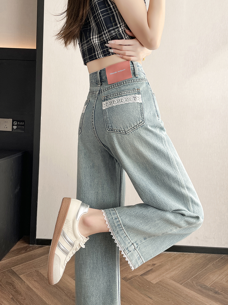 FA14532# 高腰九分直筒牛仔裤女春夏季新款蕾丝拼接设计感阔腿裤 服装批发女装服饰货源