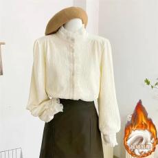 批发春秋新款法式立领木耳边高端设计气质减龄少女感别致加绒长袖<b class='q'>衬衫</b>