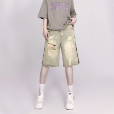 批发破洞牛仔短裤男士夏季侧拉链设计潮牌休闲百搭<b class='q'>日系</b><b class='q'>复古</b>宽松五分裤