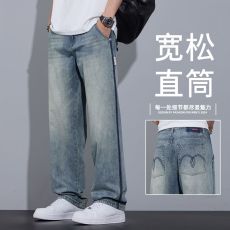 批发实拍2025新款<b class='q'>日系</b>休闲美式<b class='q'>复古</b>水洗牛仔裤男宽松直筒条纹阔腿长裤