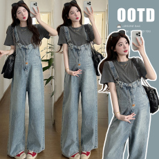 批发实拍   简约<b class='q'>百搭</b>短袖T恤+复古设计感牛仔背带裤两件套孕妇装