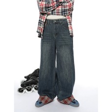 批发牛仔裤男秋冬宽松直筒休闲长裤<b class='q'>日系</b><b class='q'>复古</b>水洗做旧阔腿裤子