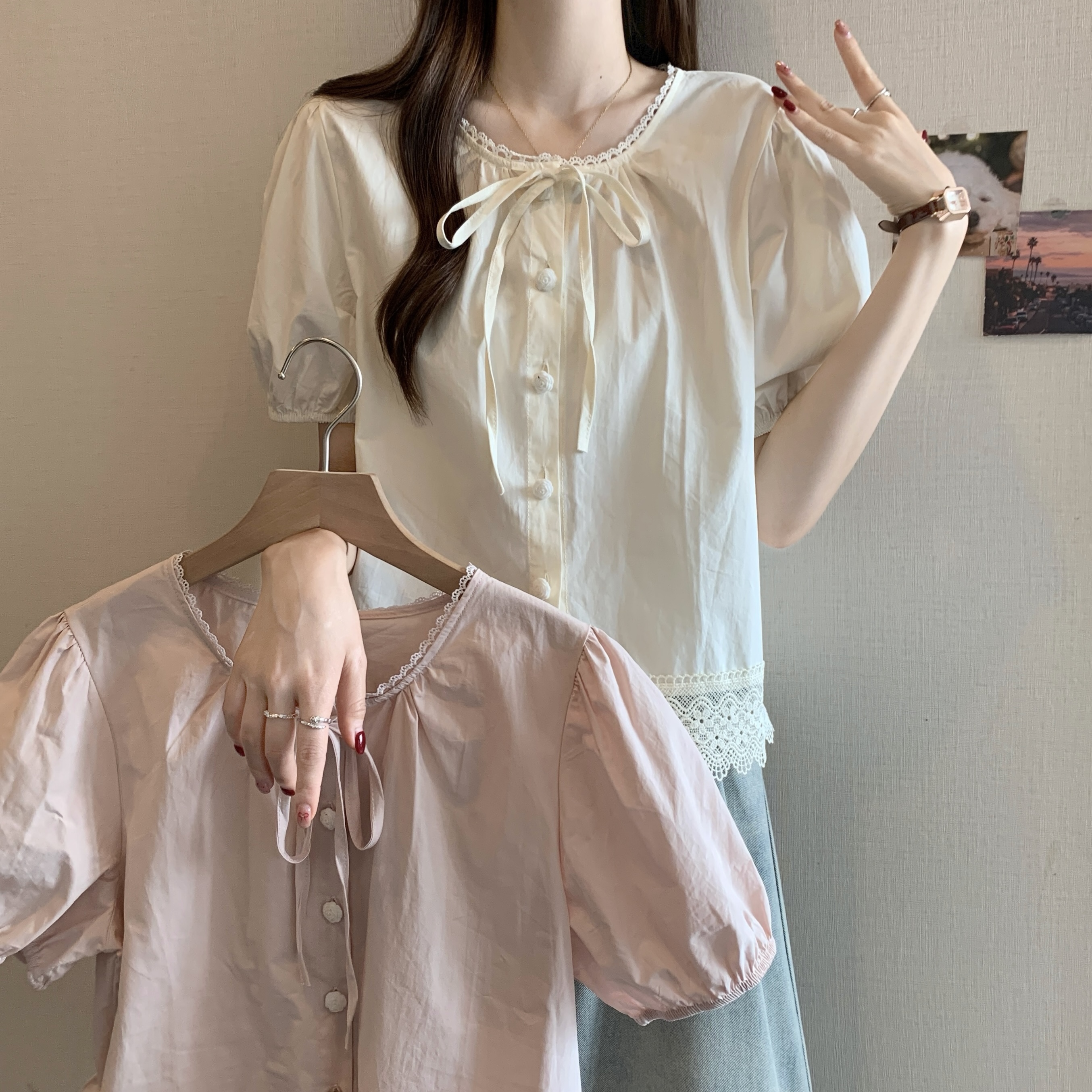 2026 여름 새로운 지방 mm 달콤함 작은 청신 레이스 나비 매듭 반팔 한 부서 디자인 센스 레이스 맨위 여성
