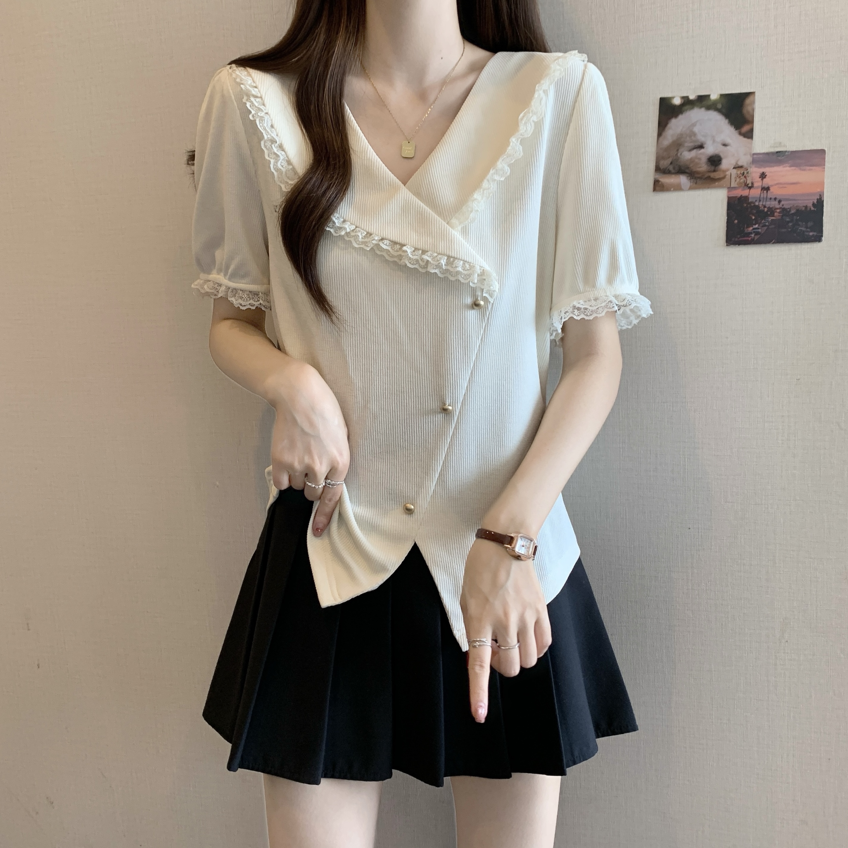 여름 새로운 지방 mm 프랑스식 품격 레이스 레이스 불규칙 작은 셔츠 부드러운 슬림해 보이는 단색 맨위 여성 셔츠