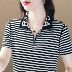 批发纯棉夏季时尚简约休闲穿搭短袖新款百搭拉链立领字母印花薄款t恤