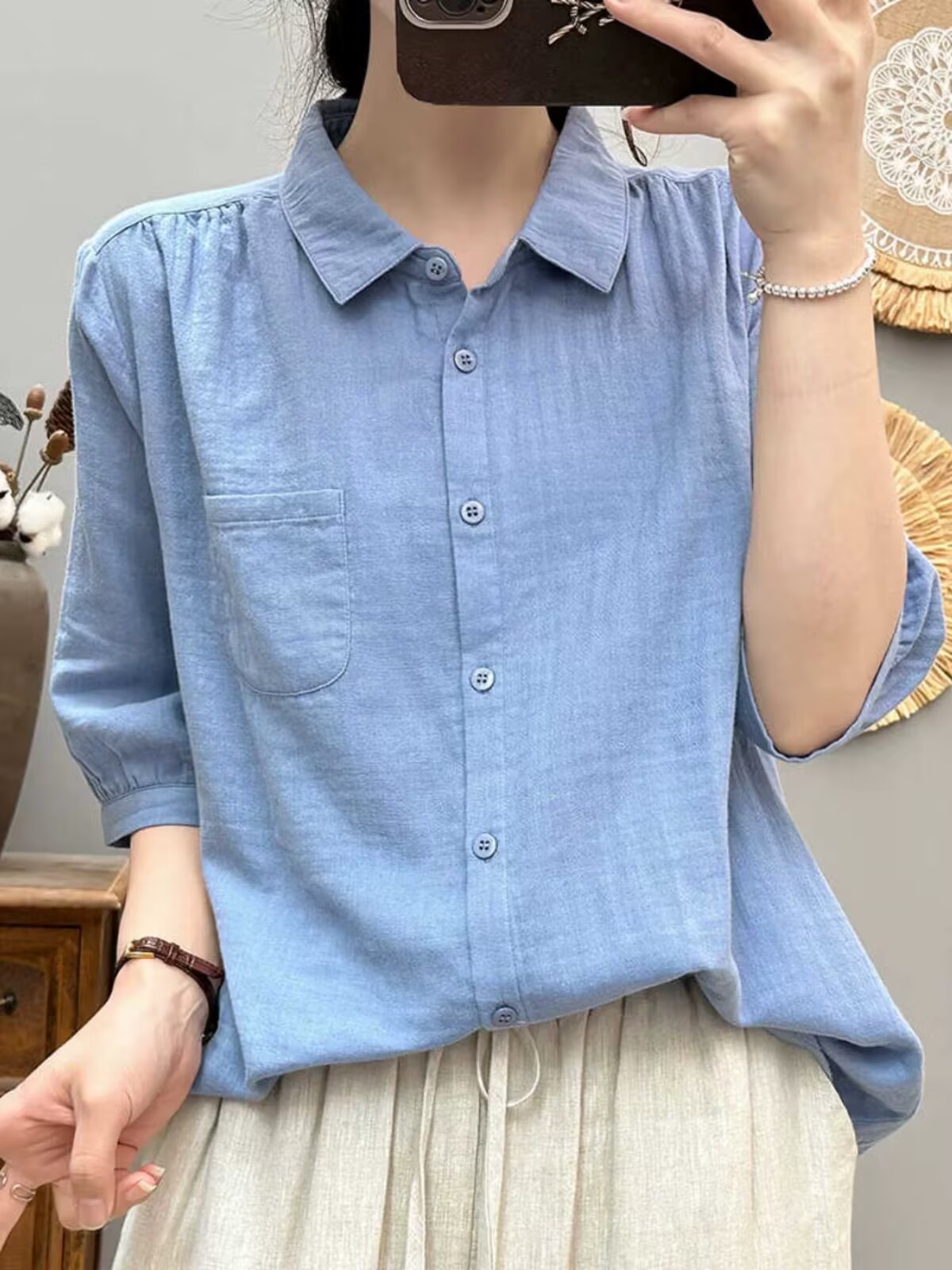 여름 얇은 스타일 광장 칼라 이중층 면사 반팔 여성 셔츠 5 점 소매 순면 맨위 루즈핏 캐주얼 단색 셔츠