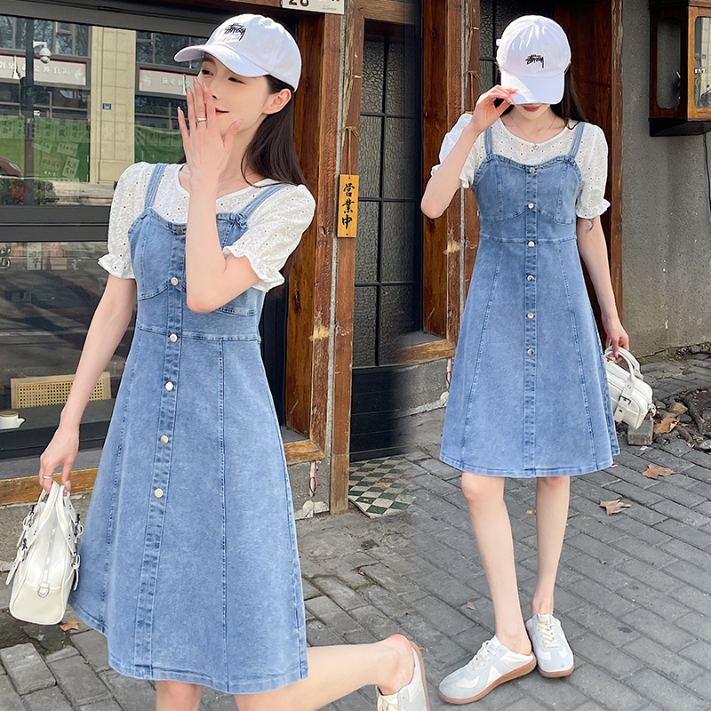 RY5918# 实拍好质量牛仔背带连衣裙女2026春秋拼色花边做旧宽松直筒...