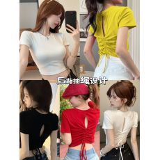 绑带正肩圆领短袖t恤女夏季新款辣妹风修身露脐短款上衣