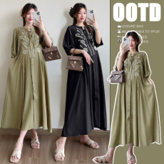 批发实拍 孕妇装气质优雅绣花V领新中式连衣裙大码显瘦中长款衬衫裙