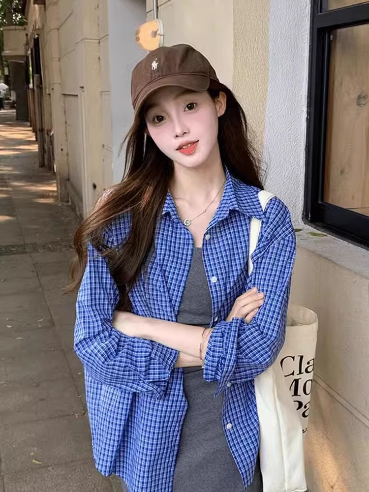 원본 셔틀 제직 그리드 파란색 체크무늬 POLO 칼라 셔츠 재킷 인터넷 유명인 대외 무역 여성 봄 가을 루즈핏 긴팔 셔츠