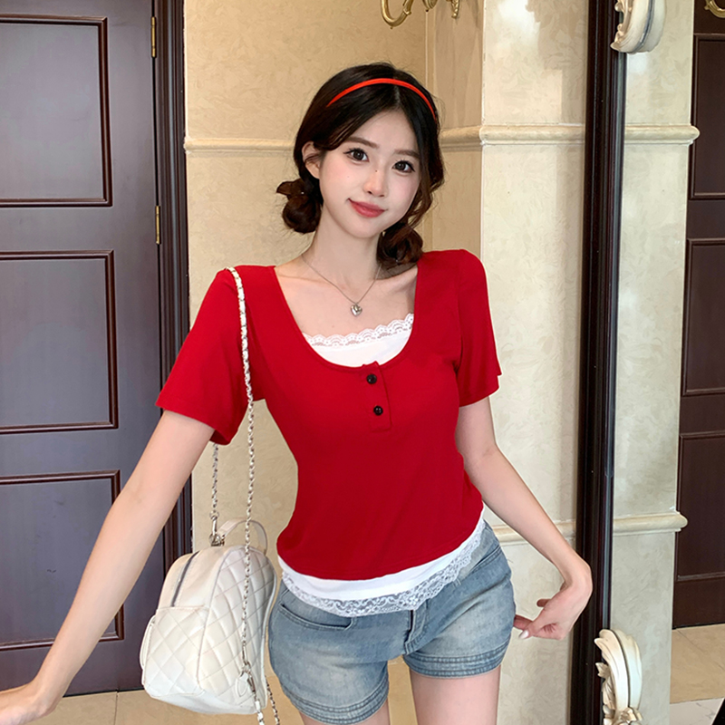 MY3249# 大码胖mm夏韩版正肩拼接设计感假两件短袖T恤蕾丝显瘦上衣女女裝貨源服裝批發