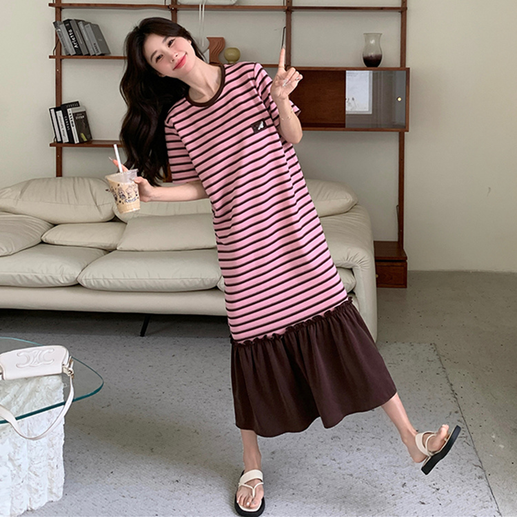 MY3272# 气质粉色条纹拼接鱼尾连衣裙女韩版宽松休闲百搭遮肚子减龄t恤裙女裝貨源服裝批發