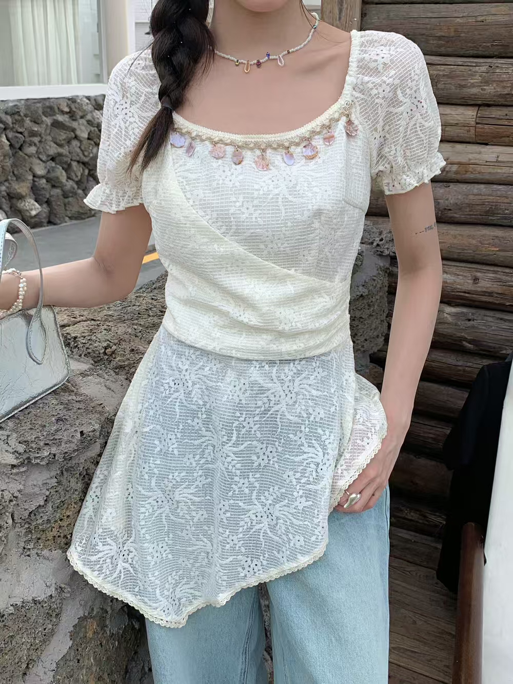 MY3463# 夏季新款波西米兰度假甜美上衣设计感中长款泡泡袖不规则上衣女裝貨源服裝批發