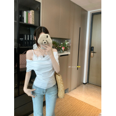 批发实拍实价~夏季新款纯欲风蕾丝拼接假两件辣妹烫领立体<b class='q'>花朵</b>两穿T恤