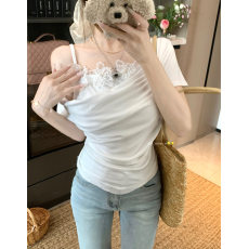 批发实拍实价~夏季新款纯欲风蕾丝拼接假两件辣妹烫领立体<b class='q'>花朵</b>两穿T恤