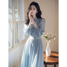 批发蓝色衬衫连衣裙子2026夏新款今年流行爆款法式高级感气质掐腰<b class='q'>长裙</b>