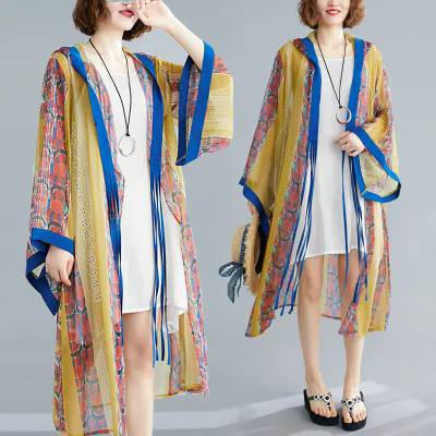 MY11957# 海边度假民族风印花防晒衣斗篷长款连帽开衫女裝貨源服裝批發