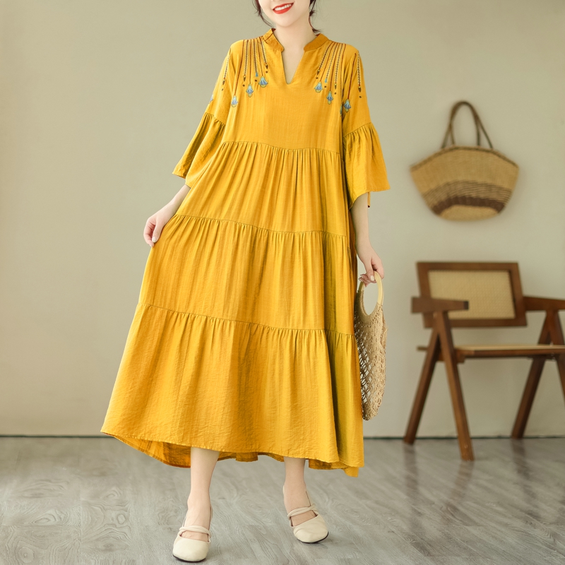 MY11958# 复古刺绣宽松长款连衣裙女裝貨源服裝批發