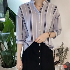 批发外贸捡漏撤柜品牌清仓折扣女装<b class='q'>衬衫</b>设计感条纹雪纺短袖打底衫上衣