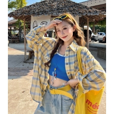 批发小心机设计感爱心贴布撞色格子<b class='q'>衬衫</b>