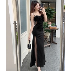 批发实拍性感低胸<b class='q'>一字肩</b>吊带抹胸名媛宴会气质包臀开叉连衣裙