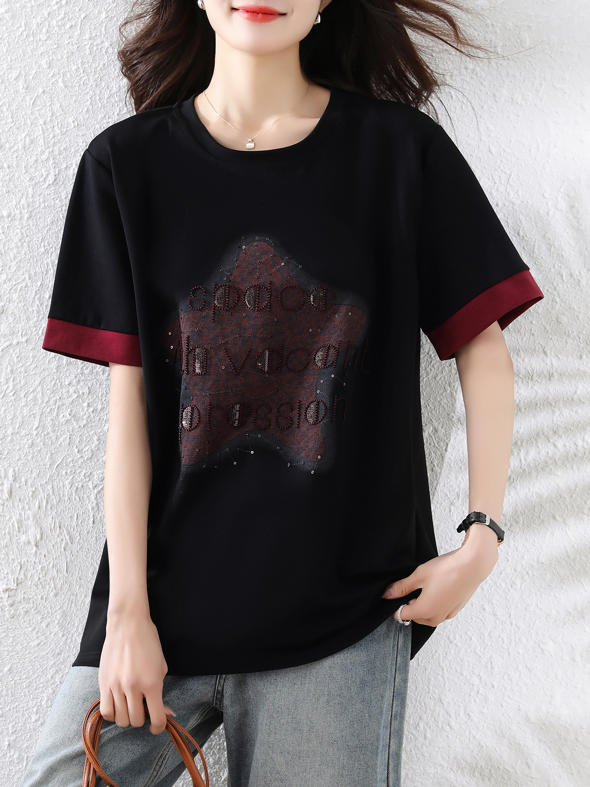 RY4672# 实拍2026夏季新款手工订钻字母印花短袖T恤袖口拼接宽松休闲上衣