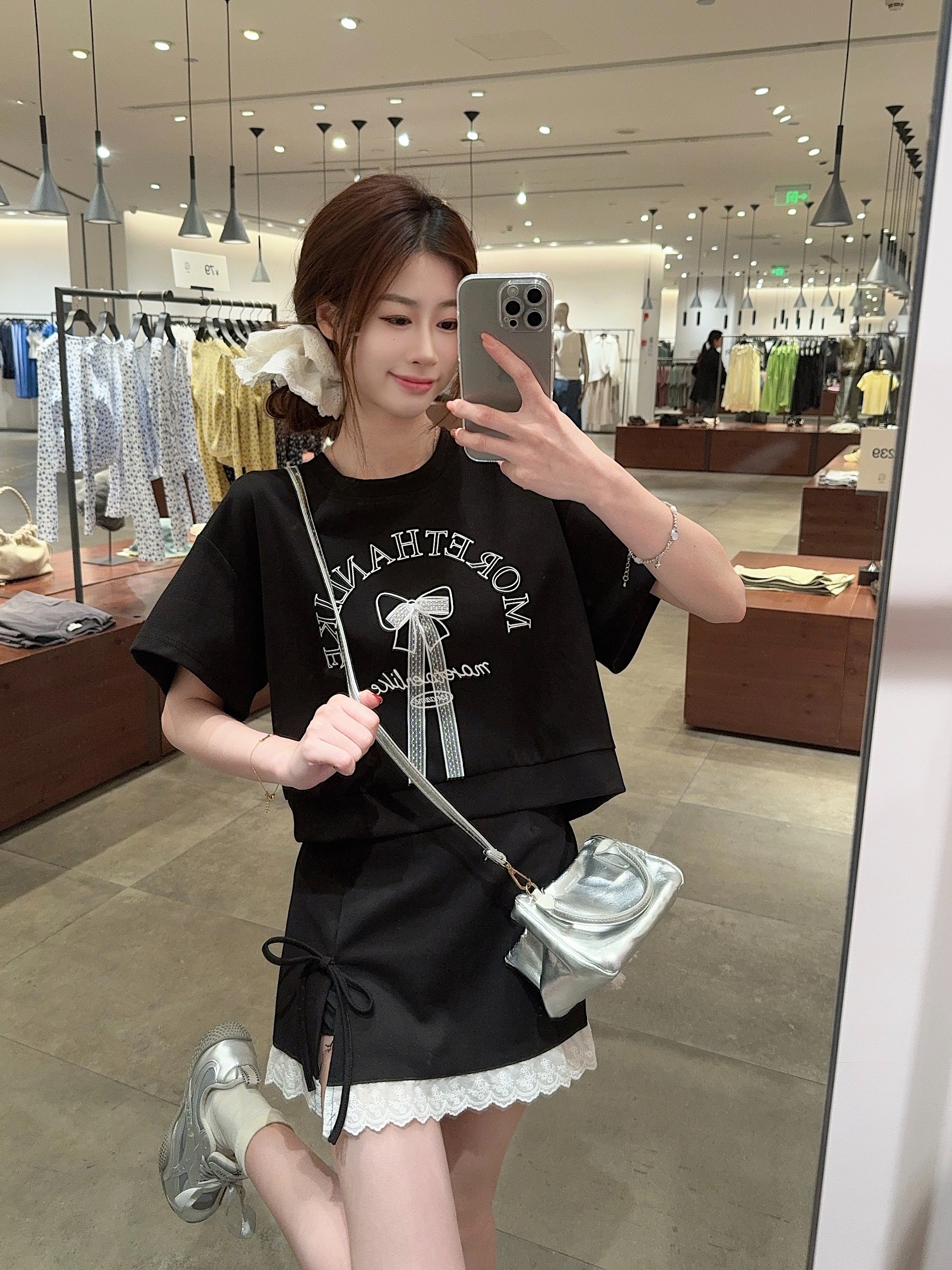 FA24677# 夏新款百搭蝴蝶结字母印花短袖T恤蕾丝短裙半身裙 服裝批發女裝批發服飾貨源