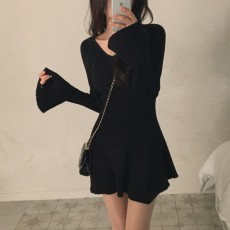 批发韩国chic<b class='q'>春</b>秋高级感喇叭长袖气质针织裙温柔风v领收腰A字连衣裙