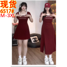 批发冰美式微胖mm热辣美式连衣裙复古印花撞色开叉连衣裙