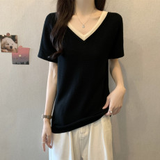 批发实拍胖妹妹夏装大码女装假两件V领短袖T恤显瘦宽松减龄冰丝上衣