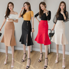 批发实拍时尚合金<b class='q'>饰品</b>包臀裙新款潮女装职业半身裙修身高腰开叉中长裙