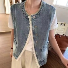 批发2025春季新款休闲<b class='q'>甜美</b>圆领蕾丝花边牛仔马甲女小个子叠穿宽松外套