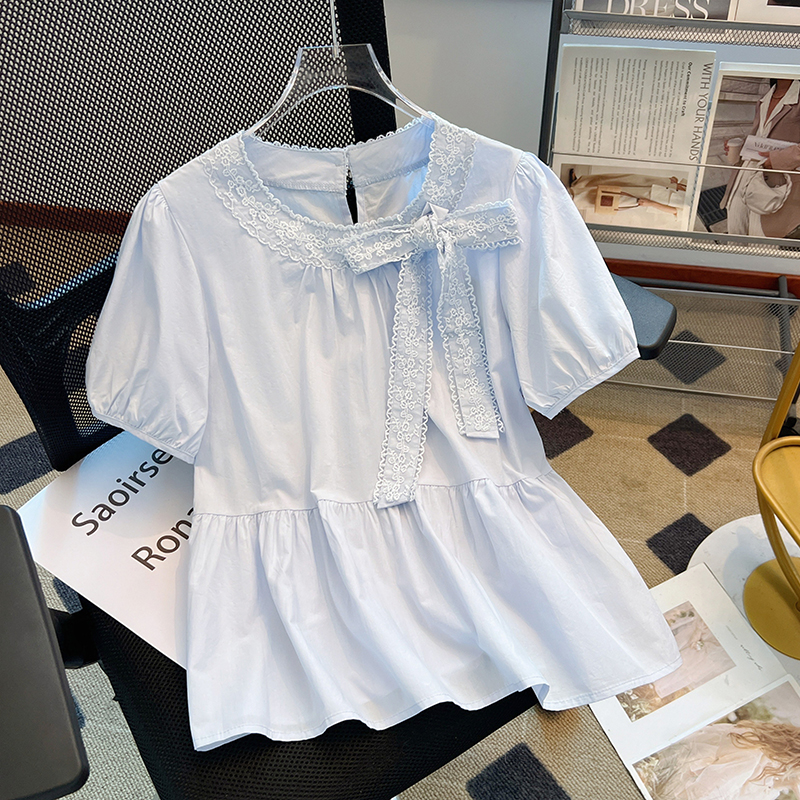 프랑스식 라운드 넥 나비 넥타이 여성 셔츠 여름 Chic 버블 반팔 작은 셔츠 외국 가스 주름 치마 맨위