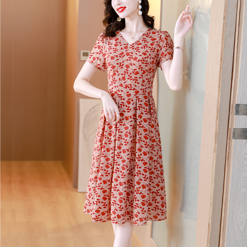 MY8606# 新款V领收腰A字连衣裙女短袖中长款显瘦气质碎花裙女裝貨源服裝批發