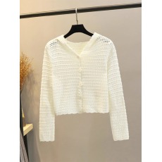 批发连帽针织开衫女镂空2025新款韩版长袖带帽子宽松短款毛衣外套上衣