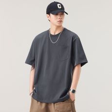 批发实拍2025夏季新款短袖T恤男宽松五分袖体恤衫日系口袋拼接t恤上衣