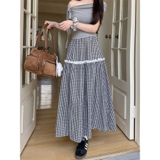 批发<b class='q'>复古</b>格纹花边拼接半身裙女夏季新款时尚高腰遮跨显瘦A字<b class='q'>长裙</b>