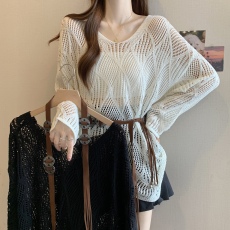 批发波西米亚风镂空针织衫女春夏大码胖MM气质腰带收腰显瘦不规则罩衫