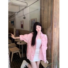 批发粉色蝴蝶结印花长袖衬衫女秋季新款甜美宽松中长款开衫<b class='q'>上衣</b>潮