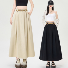 批发杏色洗水棉百褶半身裙女春<b class='q'>夏</b>2026新款高腰显瘦中长款a字大摆伞裙