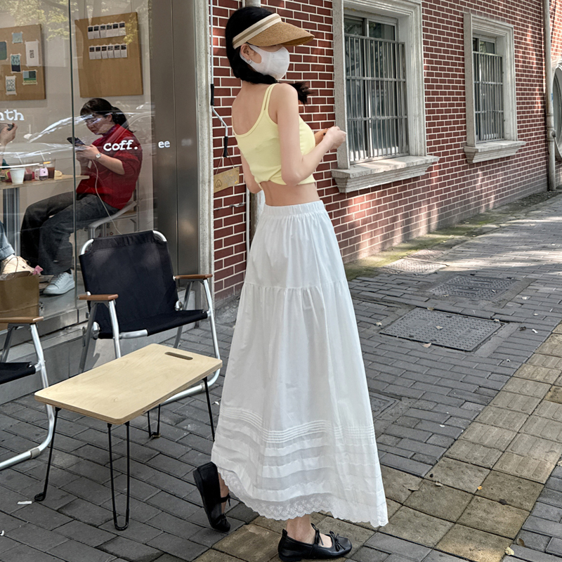 실사 봄 여름 다용도 허리밴드 슬림해 보이는 한 바람 품격 레이스 조각 큰 진자 반신 스커트 롱 스커트 여성