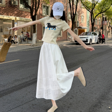 批发实拍春夏<b class='q'>百搭</b>松紧腰显瘦韩风气质蕾丝拼接大摆半身裙长裙女