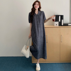批发实拍 2026夏新款/灰色<b class='q'>亚麻</b>翻领连衣裙女休闲宽松透气衬衫裙子