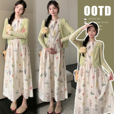 批发实拍新款夏浪漫碎花植物印花背心裙+针织防晒开衫套装