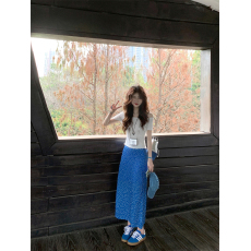 批发实拍实价#夏季气质蓝色<b class='q'>碎花</b>半身裙2026韩版显瘦蕾丝边中长裙女
