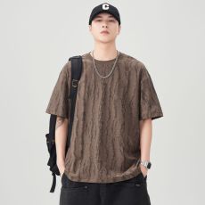 批发实拍2025夏季新款潮牌短袖T恤男纹理潮流体恤日系复古宽松五分袖