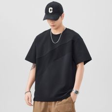 批发实拍2025夏季新款拼接拼色设计感宽松短袖T恤男日系潮流五分袖